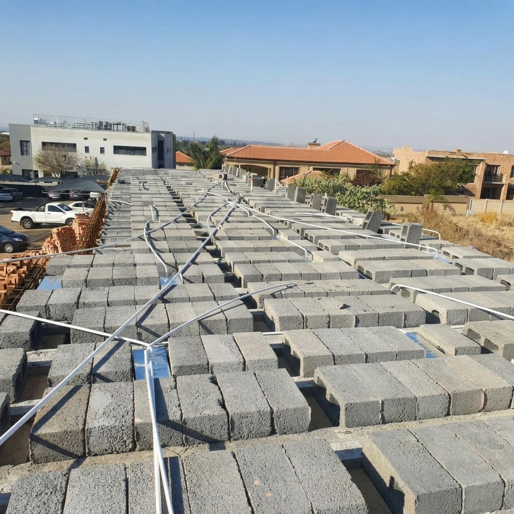 Branded Mbozisi photo of roof slab blocks and conduit laid out before the next construction phase.